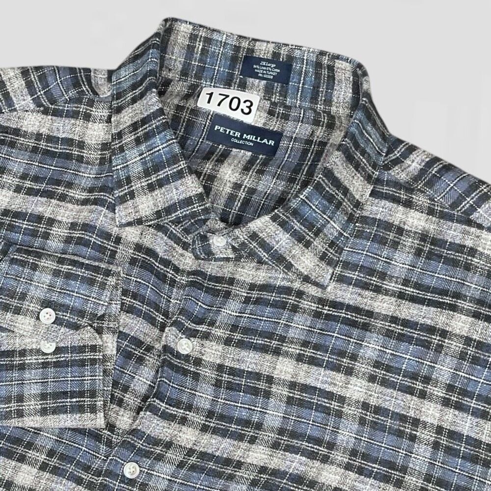 Peter Millar Button Shirt Men’s 2XL Plaid Linen Cotton Flannel Long Slv Blue Gra